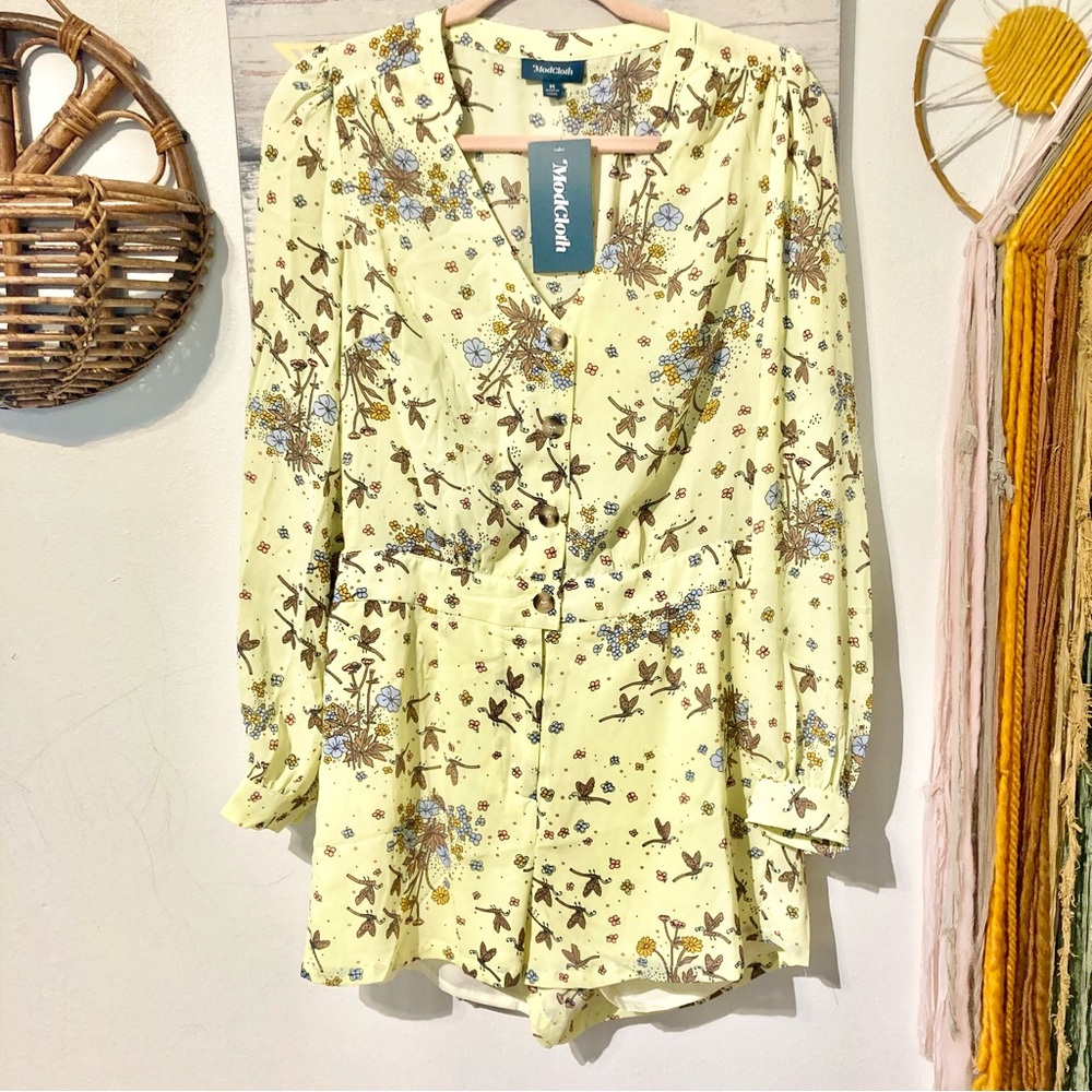 NWT ModCloth Romper Yellow Floral Dragonfly Long Sleeve Jumper